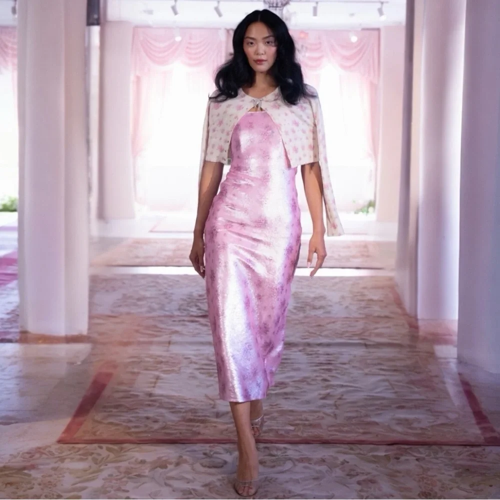 LoveShackFancy Stasia Sequin Floral Strapless Pink Cocktail Midi Dress NEW - Picture 5 of 15